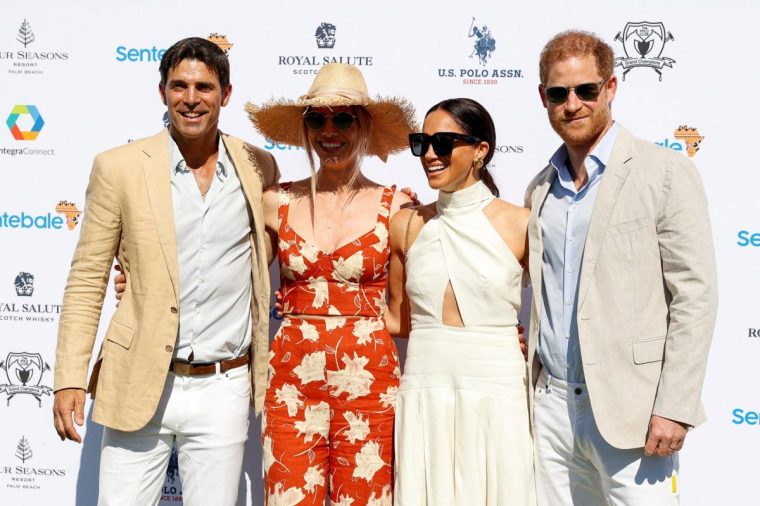 Britain's Prince Harry, Meghan, Duchess of Sussex, Argentine polo player Nacho Figueras and Delfina Blaquier attend the Royal Salute Polo Challenge to benefit Sentebale, a charity founded by Prince Harry and Prince Seeiso of Lesotho to support children in Lesotho and Botswana, in Wellington, Florida, U.S., April 12, 2024. REUTERS/Marco Bello