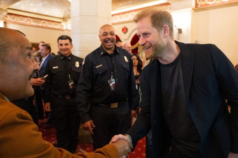 SANTA BARBARA, CALIFORNIA - MARCH 08: Prince Harry, Duke of Sussex, meets with first responders during the One805 Rock for First Responders benefit at The Granada Theatre on March 08, 2025 in Santa Barbara, California. (Photo by Scott Dudelson/Getty Images)