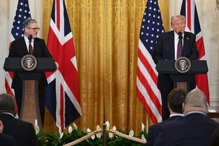 (FILES) US President Donald Trump (R) holds a press conference with British Prime Minister Keir Starmer in the East Room of the White House in Washington, DC, on February 27, 2025. Keir Starmer and Donald Trump spoke on Sunday and discussed "productive" talks towards a UK-US trade deal, the British Prime Minister's Downing Street office said on March 20, 2025. Since Britain's exit from the European Union at the start of the decade successive UK governments have sought to strike a trade deal with the United States. (Photo by SAUL LOEB / AFP) (Photo by SAUL LOEB/AFP via Getty Images)
