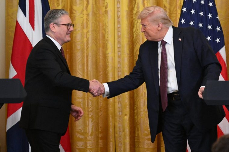 (FILES) US President Donald Trump holds a press conference with British Prime Minister Keir Starmer in the East Room of the White House in Washington, DC, on February 27, 2025. Keir Starmer and Donald Trump spoke on Sunday and discussed "productive" talks towards a UK-US trade deal, the British Prime Minister's Downing Street office said on March 20, 2025. Since Britain's exit from the European Union at the start of the decade successive UK governments have sought to strike a trade deal with the United States. (Photo by SAUL LOEB / AFP) (Photo by SAUL LOEB/AFP via Getty Images)