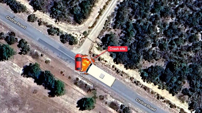 An aerial map showing where a bus and a car with Giuffre on board crashed near Perth, Australia.