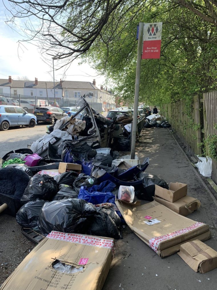 Undated handout photo of rubbish in the street outside Ward End Park, Birmingham . People in Birmingham say they have had to think outside the box amid the ongoing bin strike as getting a slot at a tip is like 