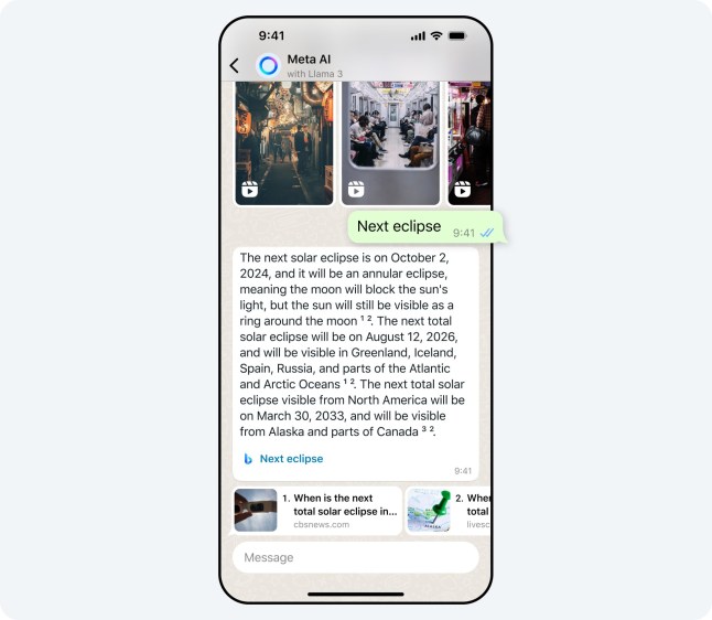 The Meta AI chatbot being used on WhatsApp.