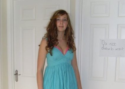 Younger Alex Meyer in a bright blue dress