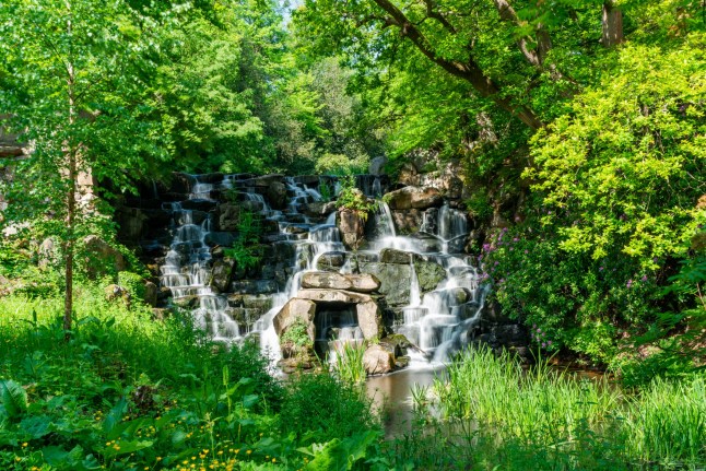 A Cascade in Virginia Water Park, Surrey UK - long exposure effect; Shutterstock ID 1984461686; purchase_order: -; job: -; client: -; other: -