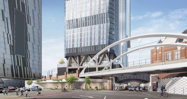 Architect modelling plans for UK's largest skyscraper outside of London called Nobu Manchester. Release date April 11 2025. The UK's largest skyscraper outside of London that was backed by Hollywood icon Robert De Niro has been given the green light. The colossal 76-storey tower, called Nobu Manchester, will house a 160-bedroom hotel, restaurant, and 452 homes. Planning permission for the scheme was approved by the Manchester City Council planning committee yesterday (April 10). The project, which is the second phase of the large-scale project titled Viadux, will also see a smaller 23 storey high-rise built next door, and is set to cost ??360 million.