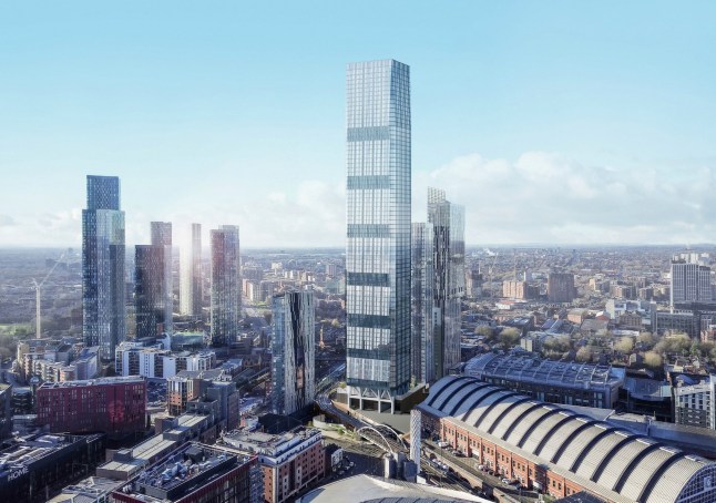 Architect modelling plans for UK's largest skyscraper outside of London called Nobu Manchester. Release date April 11 2025. The UK's largest skyscraper outside of London that was backed by Hollywood icon Robert De Niro has been given the green light. The colossal 76-storey tower, called Nobu Manchester, will house a 160-bedroom hotel, restaurant, and 452 homes. Planning permission for the scheme was approved by the Manchester City Council planning committee yesterday (April 10). The project, which is the second phase of the large-scale project titled Viadux, will also see a smaller 23 storey high-rise built next door, and is set to cost ??360 million.