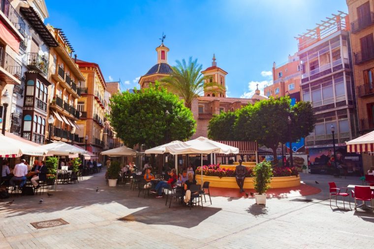Murcia, Spain - October 19, 2021: Plaza de Las Flores square in Murcia. Murcia is a city in south eastern Spain.