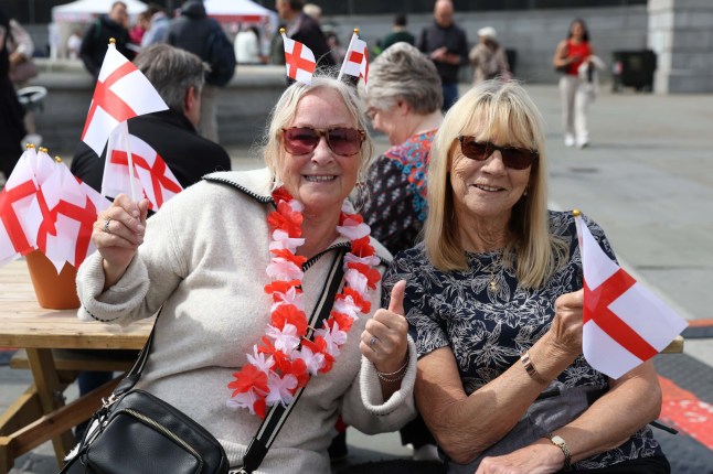 LONDON, UK - APRIL 21: People attend St. George's Day celebrations at Trafalgar Square in London, United Kingdom on April 21, 2025. (Photo by Zeynep Demir Aslim/Anadolu via Getty Images)