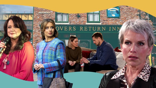 Christina, Daisy, Abi, Carl and Debbie in front of the Rovers, Coronation Street