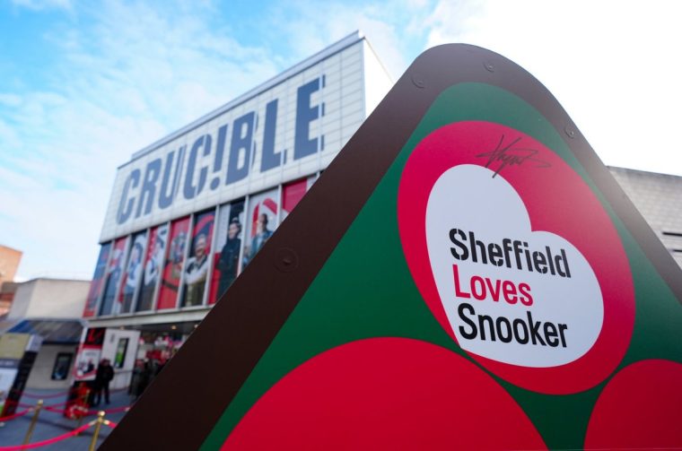 A general view of the Crucible Theatre, Sheffield ahead of day seven of the Halo World Snooker Championship. Picture date: Friday April 25, 2025. PA Photo. See PA story SNOOKER World. Photo credit should read: Mike Egerton/PA Wire. RESTRICTIONS: Use subject to restrictions. Editorial use only, no commercial use without prior consent from rights holder.