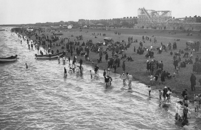 The beach at Skegness, circa 1950. (Photo by Fox Photos/Hulton Archive/Getty Images)