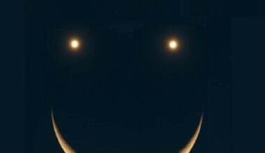 Smiley face moon: A crescent moon with 2 equally bright lights above like eyes and text saying: True or False?