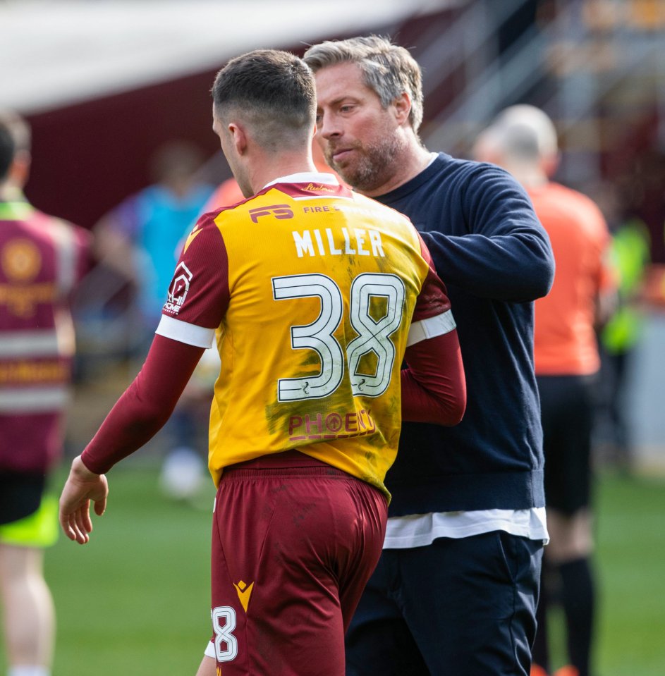 MOTHERWELL, SCOTLAND - APRIL 12: Motherwell Head Coach Michael Wimmer (R) and Lennon Miller at full time during a William Hill Premiership match between Motherwell and Heart of Midlothian at Fir Park Stadium, on April 12, 2025, in Motherwell, Scotland. (Photo by Alan Harvey / SNS Group)