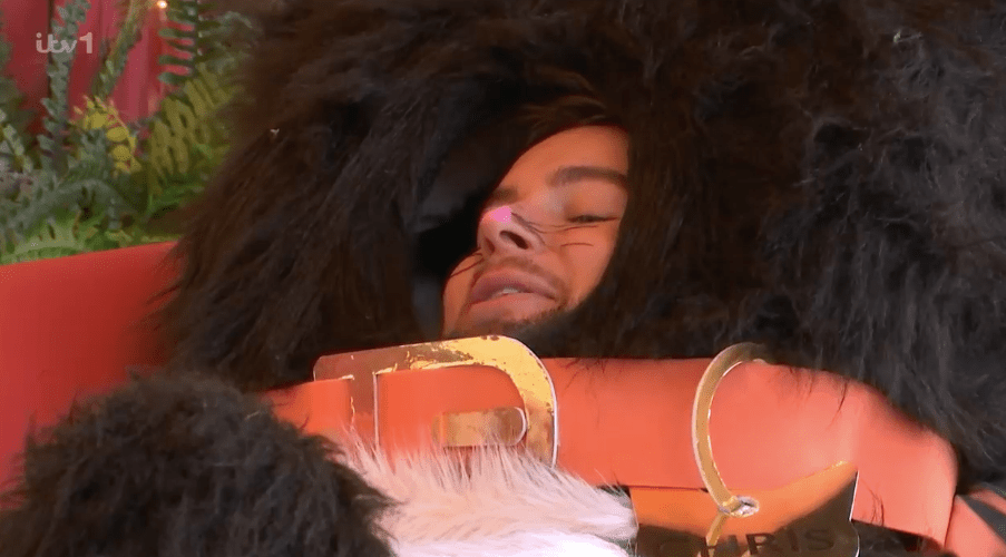 Man in a black furry costume wearing an orange collar.
