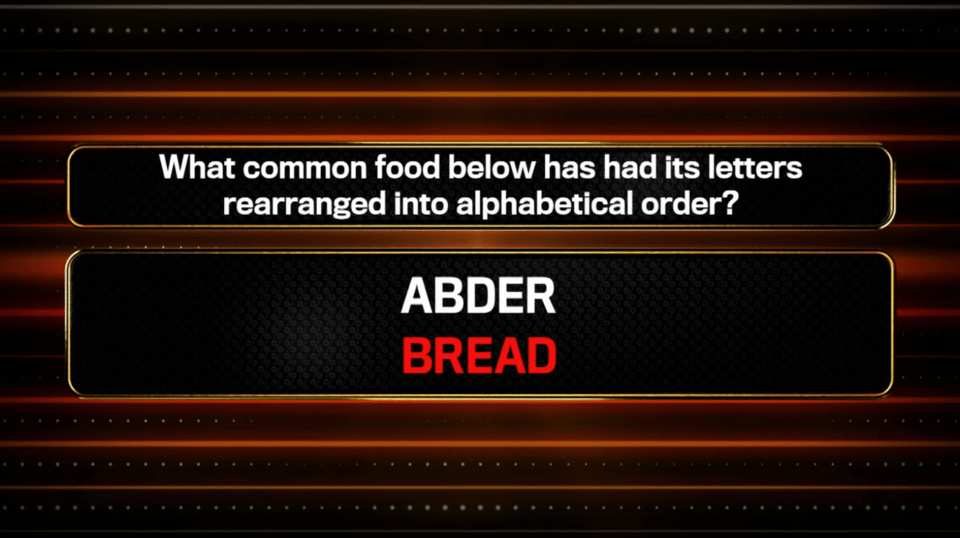 Screenshot of a quiz question: What common food below has had its letters rearranged into alphabetical order?  The answer, BREAD, is shown below the jumbled letters, ABDER.