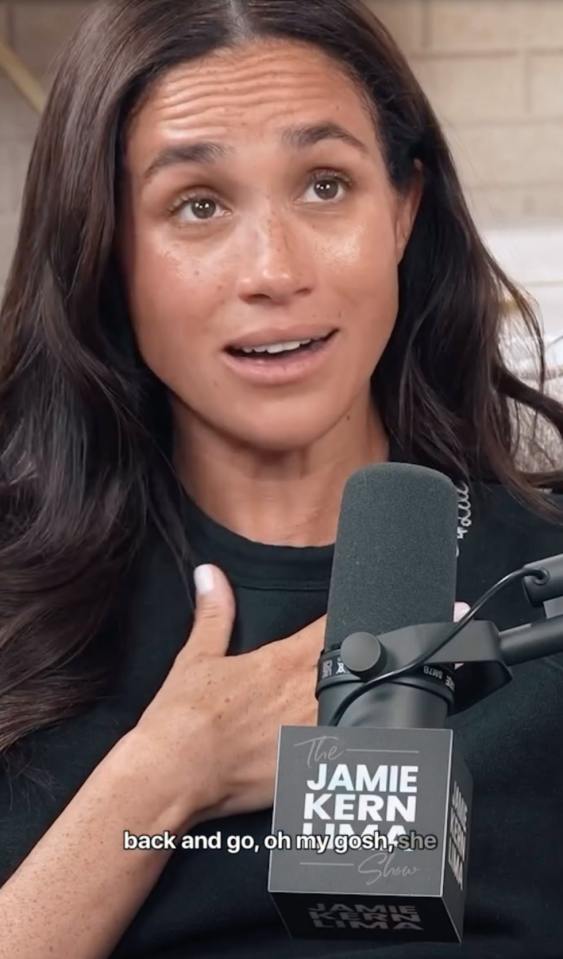 Meghan Markle speaking into a microphone on The Jamie Kern Lima Show.
