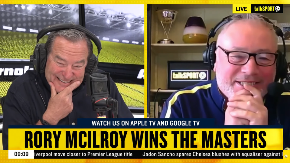 Screenshot of two men on a sports show discussing Rory McIlroy winning the Masters.