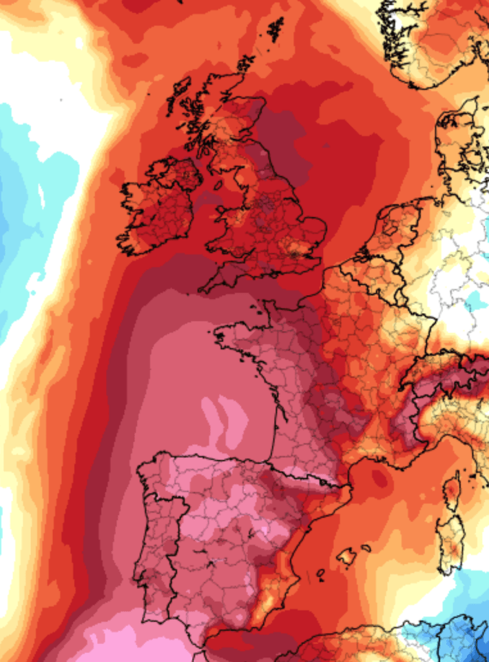 Temperature map of Western Europe showing a heatwave.