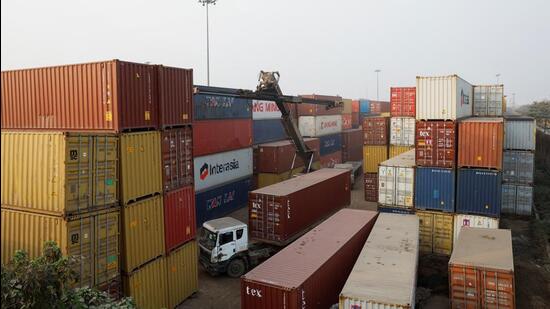 Stacks of containers seen inside a container terminal in Kolkata on February 13, 2025. (REUTERS FILE)