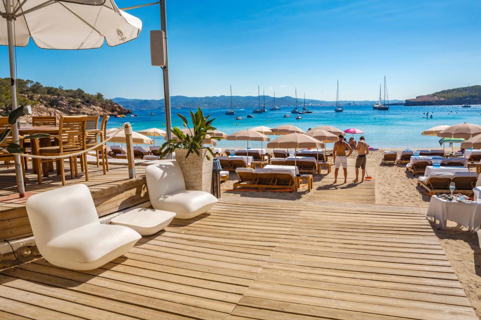 T5K0KE Cala Bassa Beach Club. Cala Bassa Beach. Sant Antoni de Portmany. Ibiza Island. Balearic Islands. Spain