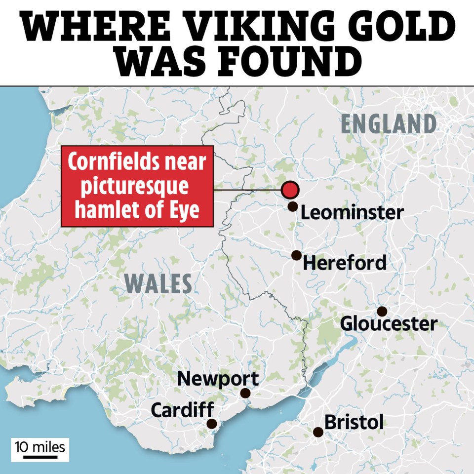 Map showing where Viking gold was found near Leominster, England.