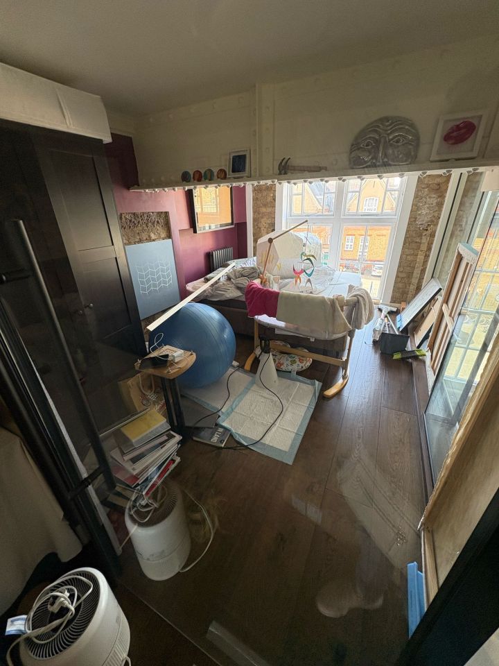 Messy bedroom with baby bassinet and exercise ball.