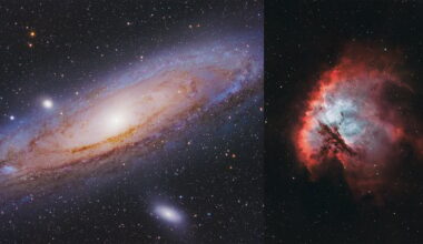 A bright spiral galaxy with a glowing core is shown on the left, surrounded by stars and smaller galaxies. On the right, a colorful nebula displays red, white, and dark clouds in a star-filled black sky.
