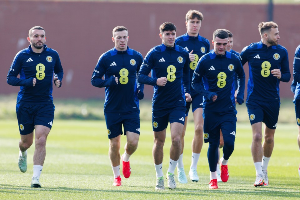 19.03.2025 Scotland training: John McGinn, Lewis Ferguson, Max Johnson, Jack Hendry, Lennon Miller and Ryan Porteous