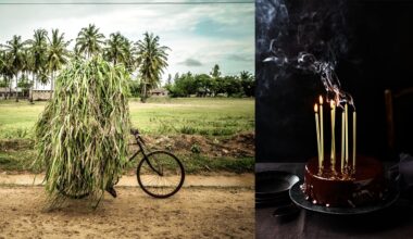 On the left, a person is nearly hidden by a huge load of grass they are carrying while pushing a bicycle; on the right, a chocolate cake with five tall, lit candles emits smoke in a dark setting.
