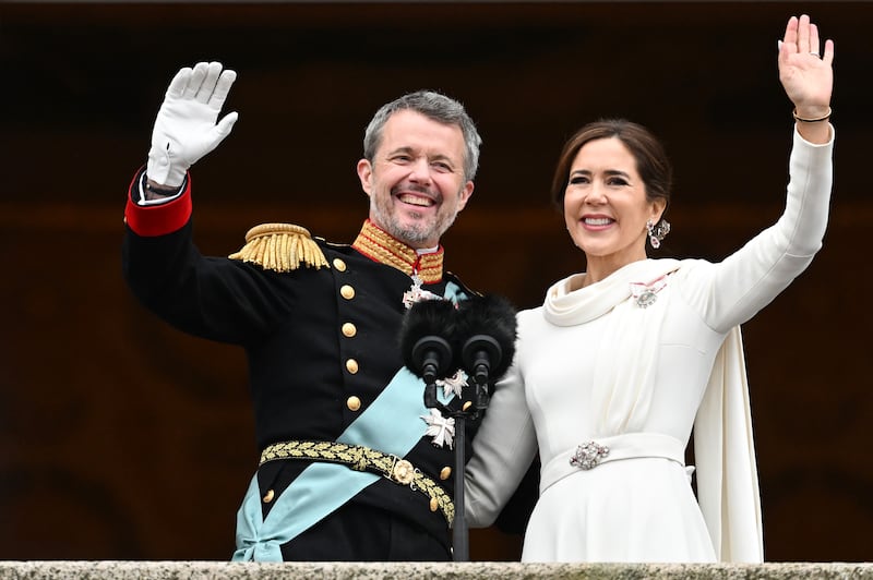 Danish King Frederik X and Queen Mary on the balcony of Christiansborg Palace shortly after his proclamation on January 14, 2024 in Copenhagen, Denmark.