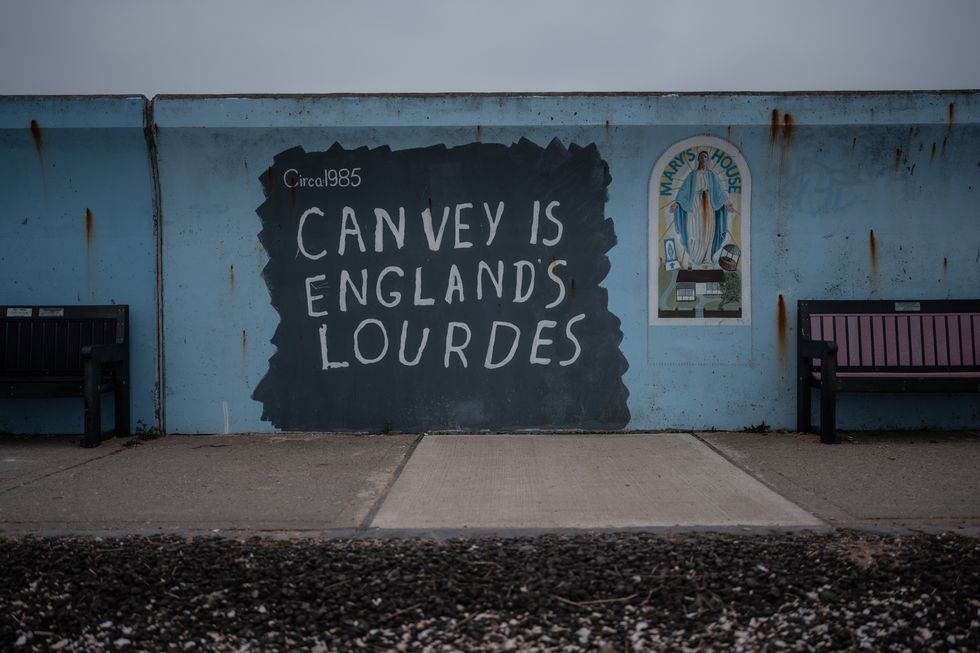 A painting is displayed on a sea wall on March 24, 2025 in Canvey Island, England
