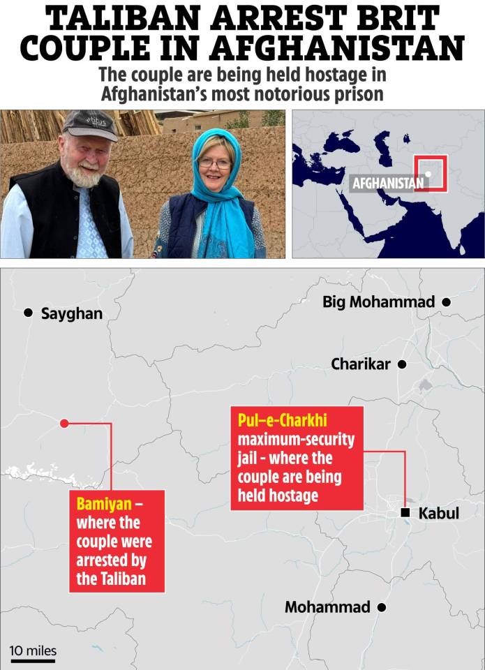 Illustration of a British couple held hostage in Afghanistan, showing their photo, a map of Afghanistan highlighting their location, and text detailing the situation.