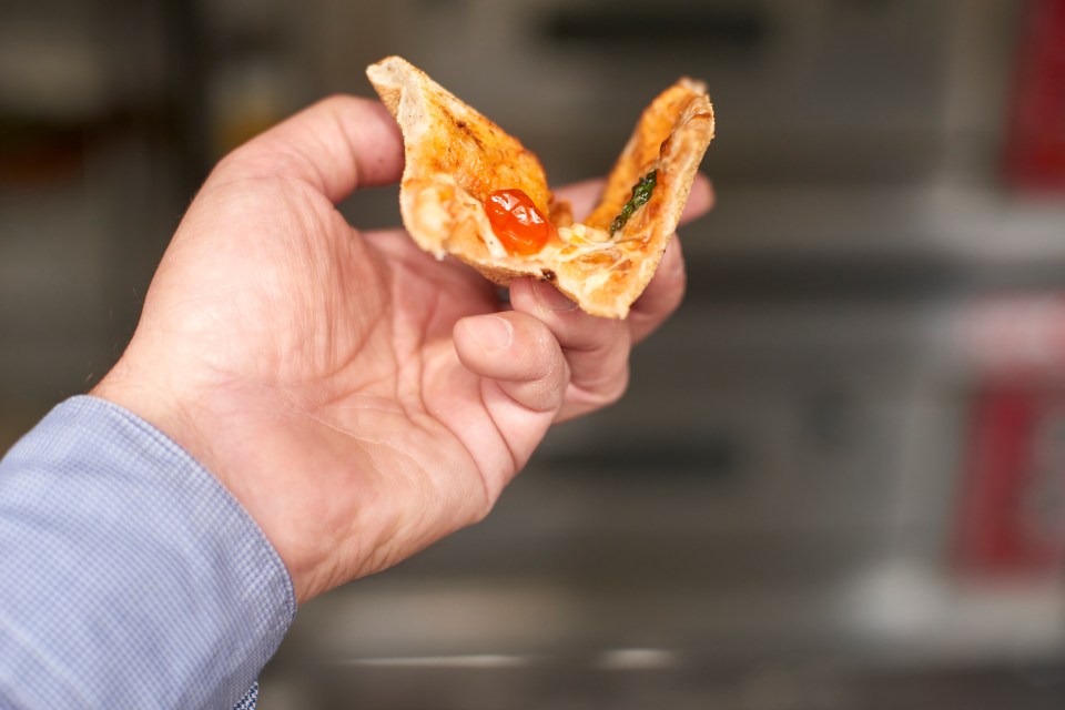Hand holding a piece of margherita pizza.