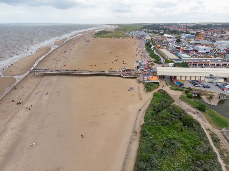 Aerial view of Skegness beach and pier.