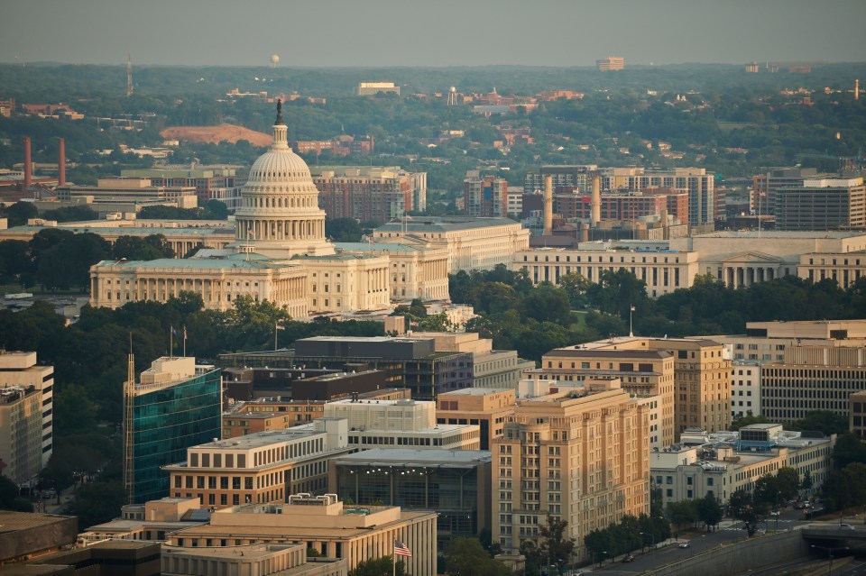 Aerial view of the United States Capitol and the Federal Triangle.
