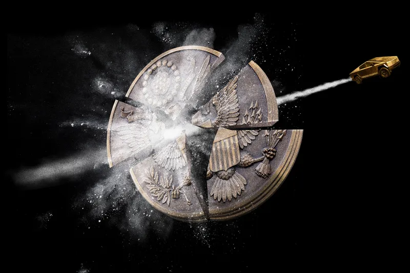 An illustration shows a golden Cybertruck blasting through a U.S. seal of an eagle holding arrows and laurel.