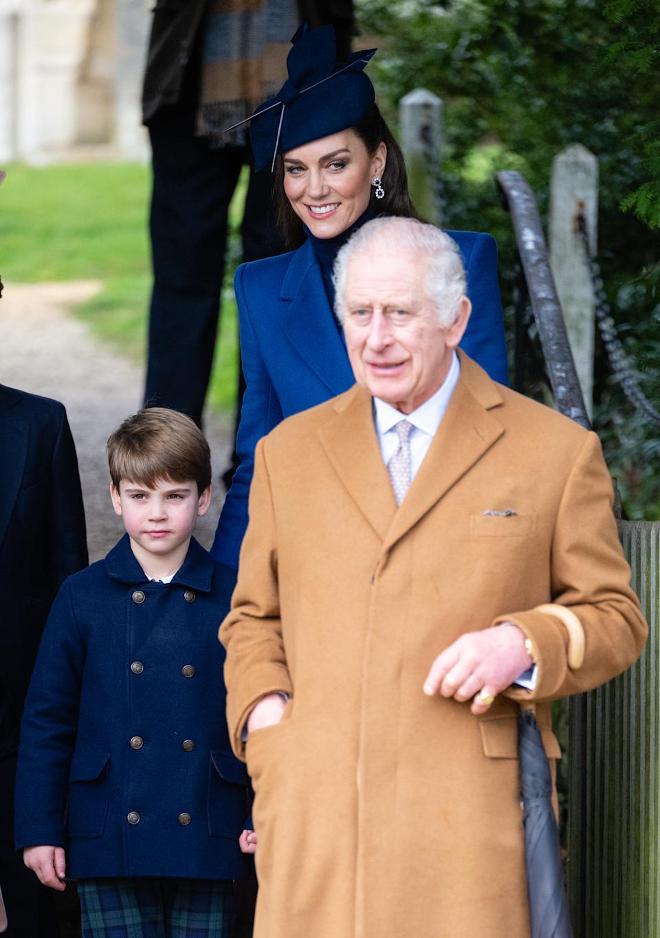King Charles and Prince Louis walking with Kate Middleton on Christmas Day 2023