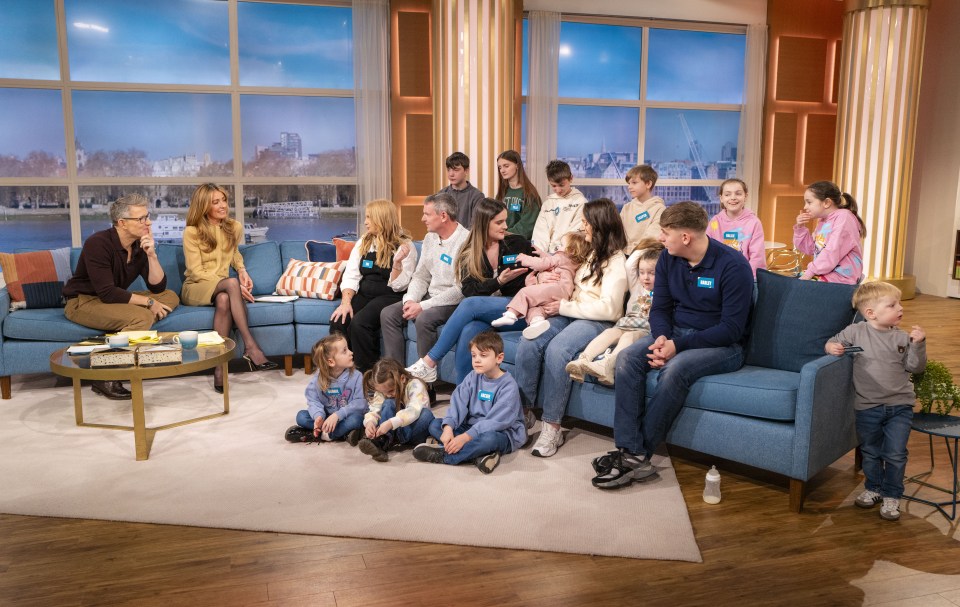 Ben Shephard, Cat Deeley, and the Radford family on a TV show.