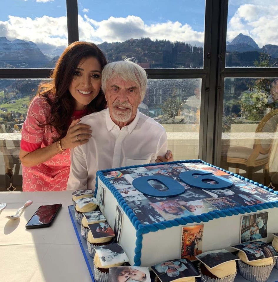 Bernie Ecclestone celebrating his 90th birthday with his wife.