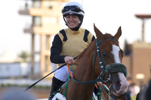 Mohammed Saad/Anadolu via Getty Katie Davis with her horse 'Macho Boy' is seen after the Saudi Cup on February 23, 2024 in Riyadh, Saudi Arabia.