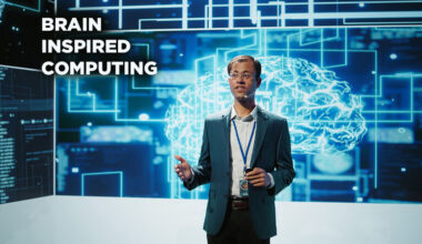 Man talking about technology in front of a digital display board.