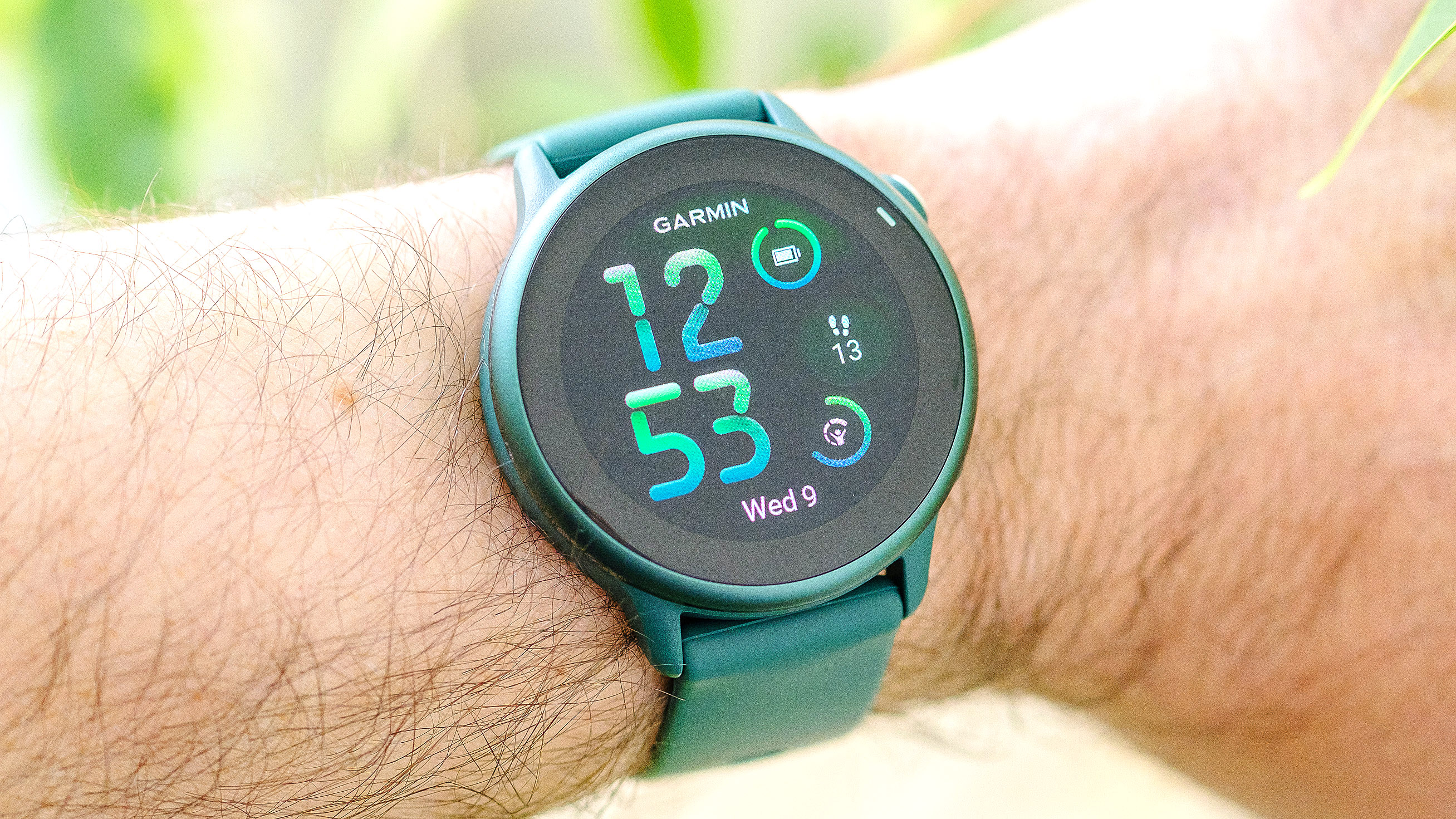 Close-up of the Garmin Vivoactive 6 smartwatch in green