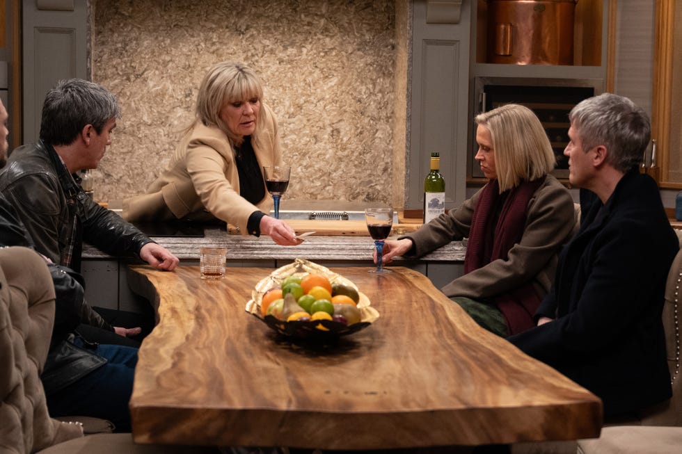 caleb miligan, ruby miliganfox, joe tate, cain dingle and kim tate in emmerdale