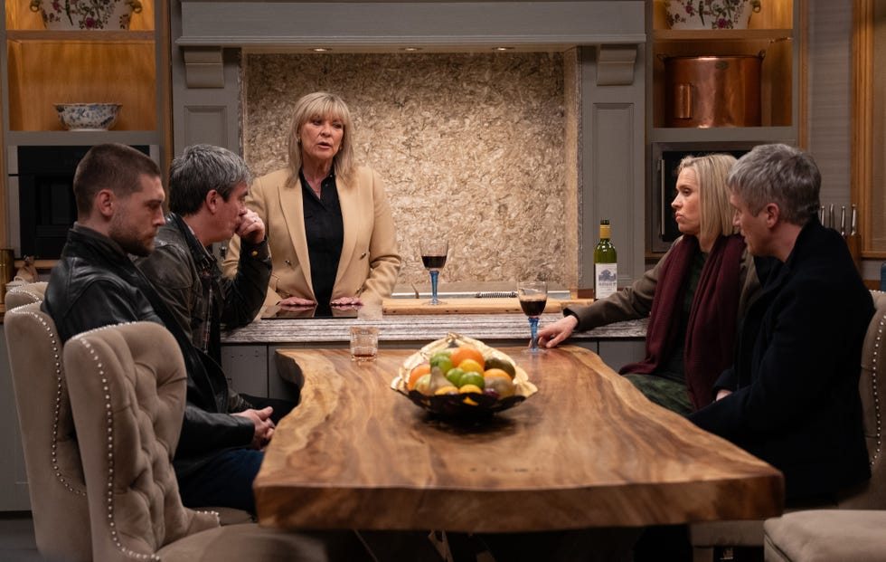 caleb miligan, ruby miliganfox, joe tate, cain dingle and kim tate in emmerdale