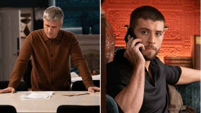Caleb stands by the table in Mill Cottage and Joe looking curious while on the phone in Emmerdale