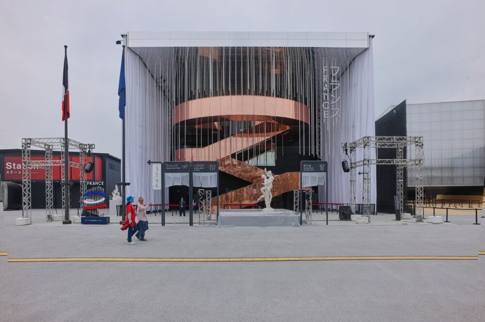 winding copper staircase fronts coldefy & carlo ratti's france pavilion at expo 2025 osaka