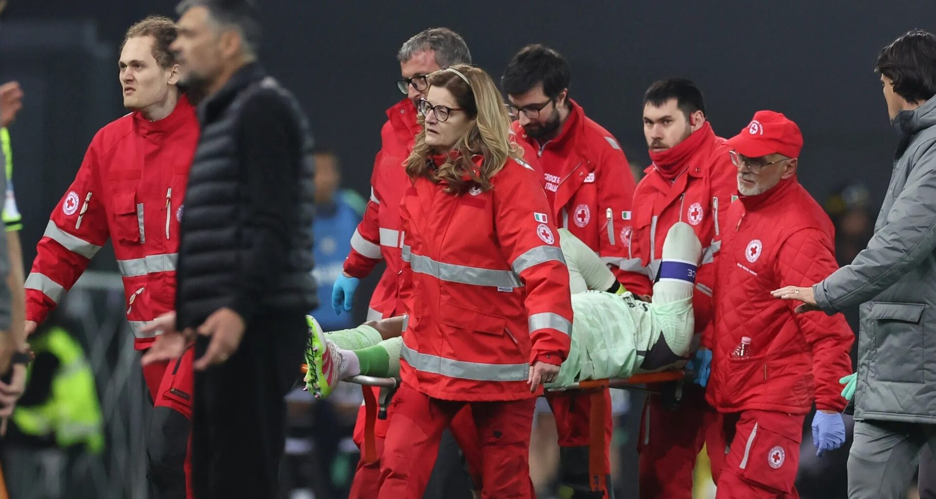 Tammy Abraham prays on the pitch after Mike Maignan's sickening collision with AC Milan teammate