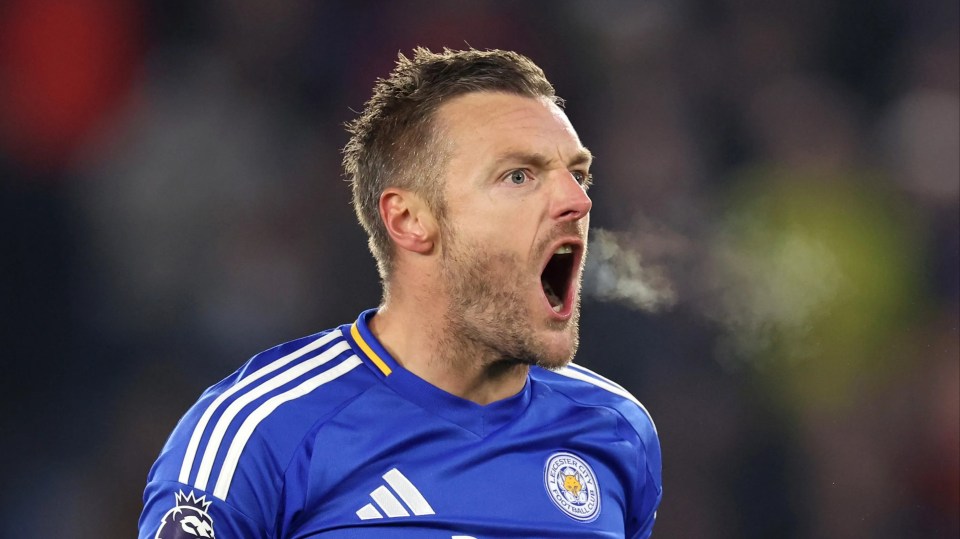 Jamie Vardy of Leicester City celebrating a goal.