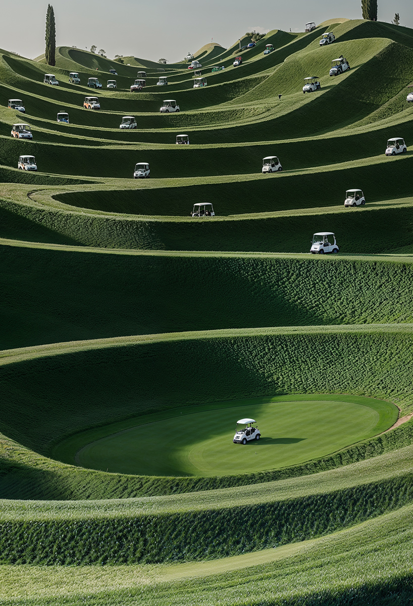 ulises studio's digital images stage hypnotic procession of golf carts tracing invisible lines